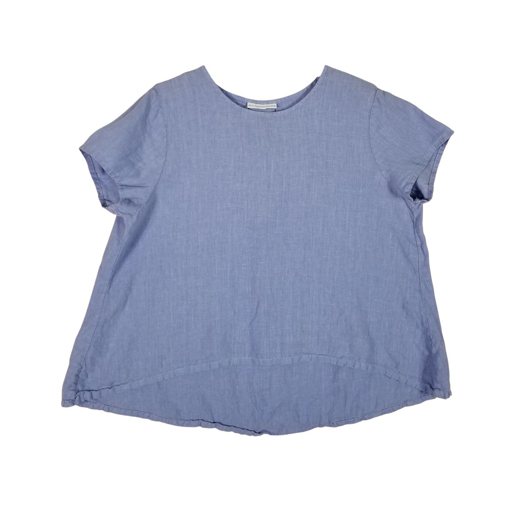 Bryn Walker Linen Blouse Womens Small Blue High Low Short Sleeve Tunic
